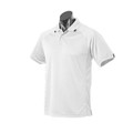 White polo shirt with black contrast trim on collar and sleeve cuffs featuring buttoned placket