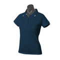 Navy ladies polo shirt with white contrast tipping on collar and sleeves