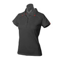 Charcoal grey ladies polo shirt with red contrast piping on collar and sleeves