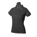 Charcoal grey ladies polo shirt with white contrast trim on collar and sleeves