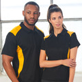 Man and woman wearing black and gold contrast panel short sleeve polo shirts with ribbed collar