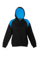 Black hoodie with sapphire blue contrast panels on hood and shoulders featuring drawstring and kangaroo pocket