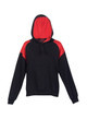 Black hoodie with red contrast panels on hood and shoulders
