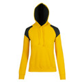Golden yellow hoodie with contrasting black hood and shoulder panels featuring raglan sleeves