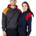 Man and woman wearing two-tone pullover hoodies — charcoal with orange shoulder panels and navy with red shoulder panels