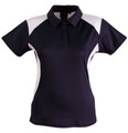 Navy ladies polo with white contrast shoulder panels and side inserts, flat knit collar