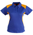 Royal blue ladies polo with gold contrast panels on shoulders and sides