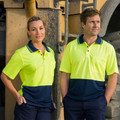 Hi-vis yellow and navy polo shirts with contrast collar, moisture-wicking mesh fabric for workplace safety