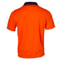 Hi-vis orange polo shirt with navy collar and contrast piping, rear view showing breathable mesh panel construction