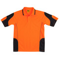 Hi-vis orange polo shirt with black contrast panels on shoulders and sides, featuring button placket and chest pocket