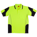 Safety yellow hi-vis polo with black contrast panels on shoulders, sides and collar trim, featuring chest pocket