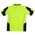 Hi-vis yellow polo shirt with black contrast panels on shoulders, sides and collar, featuring moisture-wicking fabric