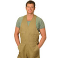 Khaki cotton drill overalls with action back vest top, featuring multiple chest and waist pockets on male model