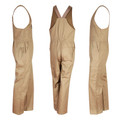 Khaki cotton drill overalls with brown action back panel and chest pockets shown from three angles