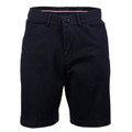 Navy stretch chino shorts with slim fit styling, belt loops, front pockets and button closure