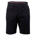 Black women's chino shorts with button closure and front pockets, featuring coral contrast waistband trim