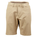 Sand beige chino shorts with button closure and belt loops, featuring a slim fit cut and stretch fabric