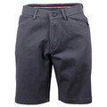 Charcoal grey stretch chino shorts with button fly closure and contrast red chevron waistband detail
