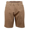 Khaki stretch chino shorts with slim fit silhouette, button closure and classic five-pocket styling