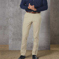 Stone beige straight leg chino pants paired with navy long sleeve shirt and brown leather belt