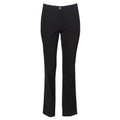 Black ladies chino pants with straight leg, flat front panel and grey button closure