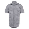 Black and white gingham checkered short sleeve shirt with collar and button-front closure