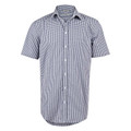 Navy and white gingham checkered short sleeve shirt with button-down collar and front placket