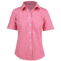 Red and white gingham checkered short sleeve shirt with collar and button front placket