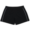 Black men's stretch gym shorts with white contrast side piping, flat lay packshot