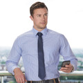 Blue and white gingham checkered long sleeve business shirt with button-down collar worn with navy tie