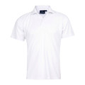 White CoolDry polo shirt with short sleeves and collar, front placket with button closure
