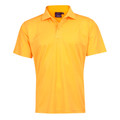Gold short sleeve kids polo shirt with three-button placket and flat front panel, packshot view