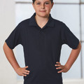 Child wearing a navy CoolDry short sleeve polo with flat front panel and three-button placket