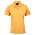 Women's mango orange short sleeve polo shirt with flat collar and two-button placket, smooth CoolDry fabric flatlay