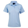Light blue ladies short sleeve polo shirt with collar and button placket in moisture-wicking fabric