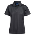 Women's charcoal grey short sleeve polo shirt with two-button placket and flat smooth fabric