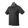 Charcoal grey short sleeve polo shirt with flat knit collar and three-button placket