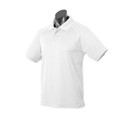 White short sleeve polo shirt with flat knit collar and button placket for decoration