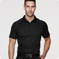Black poly cotton pique knit polo shirt with collar and button placket, smooth moisture-wicking finish
