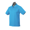 Sky blue polo shirt with collar and three-button placket on grey mannequin