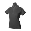 Charcoal grey ladies polo shirt with collar and button placket in smooth pique knit fabric
