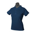 Navy blue ladies polo shirt with collar and button placket in poly cotton pique knit