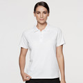 White ladies polo shirt with short sleeves and classic collar featuring smooth pique knit fabric