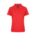 Bright red ladies polo shirt with collar and two-button placket in moisture-wicking pique knit fabric