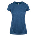Heathered navy blue women's athletic t-shirt with crew neck and contrast stitching detail on sleeves