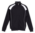 Black track jacket with white shoulder panels and contrast piping detail, full zip front