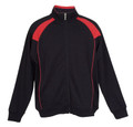 Black track jacket with red shoulder panels and piping detail, featuring full-length zip and ribbed collar