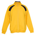 Golden yellow track jacket with black shoulder contrast panels and twin stripe detail, featuring full zip front