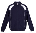 Navy track jacket with white shoulder panels and contrast piping detail, featuring full zip front