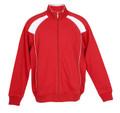 Red track jacket with white shoulder stripes and contrast piping detail, full front zip